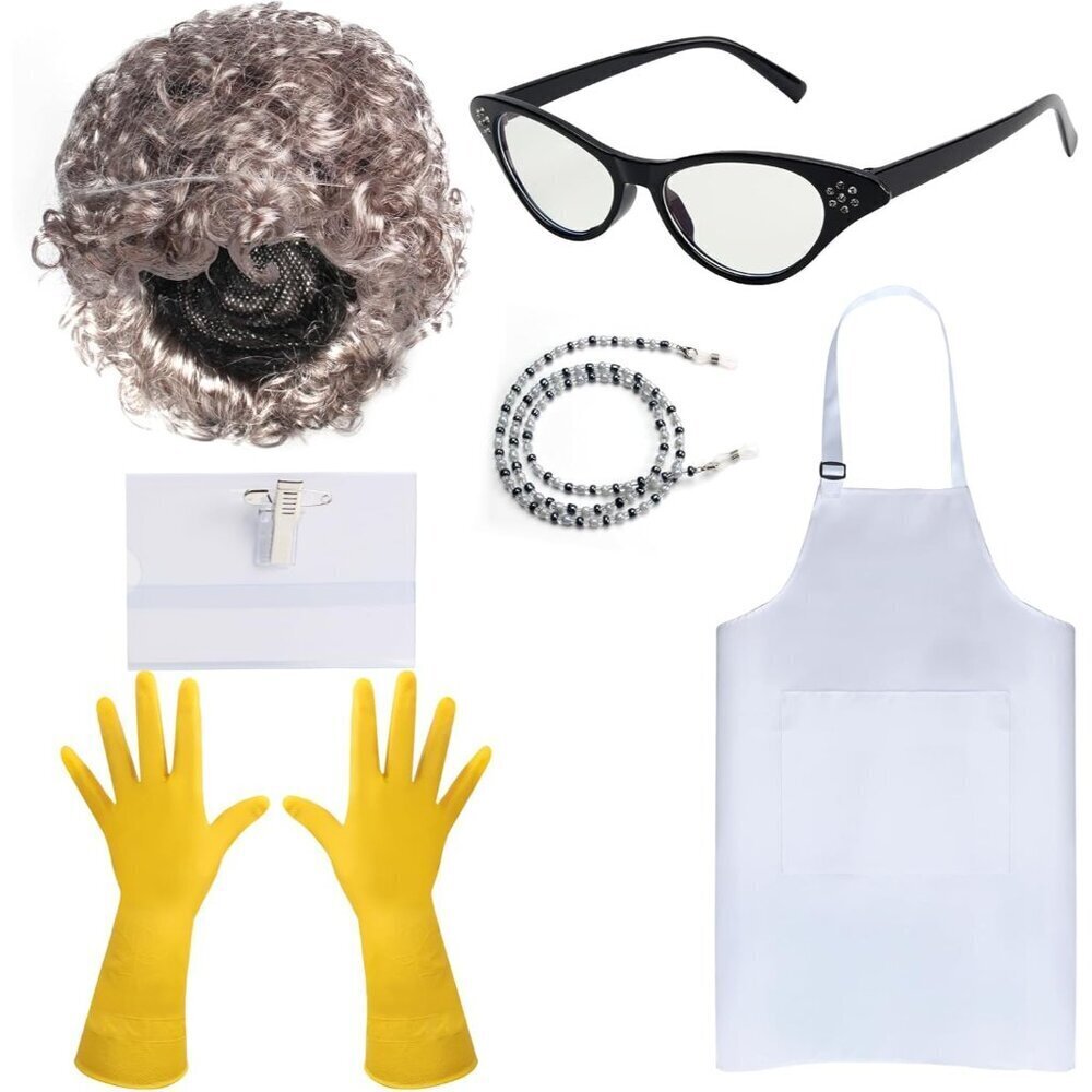Lunch Lady Costume Set Accessories Apron Wig Glasses Gloves 7 Piece
